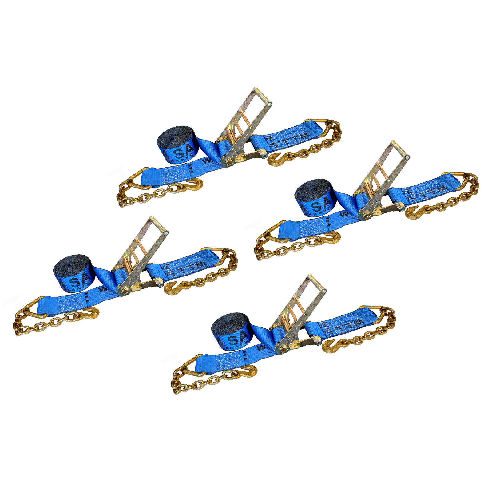 4 Pack USA 4" x 30' Ratchet Strap W/ Chain Extension Flatbed Truck Tie Down Blue