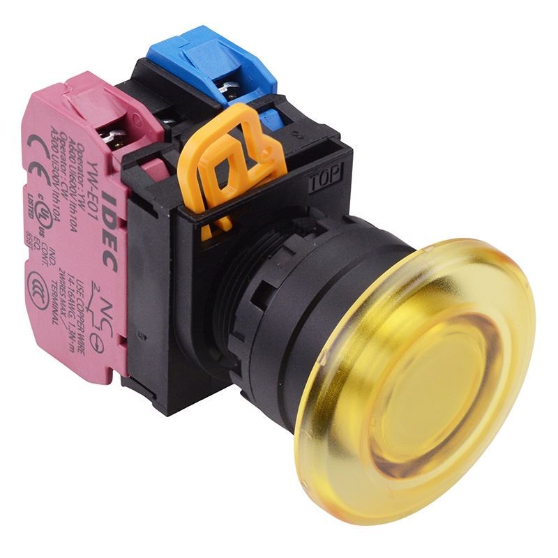 IDEC Yellow 12V LED 22mm Mushroom Maintained Push Button Switch 1NO-1NC IP65
