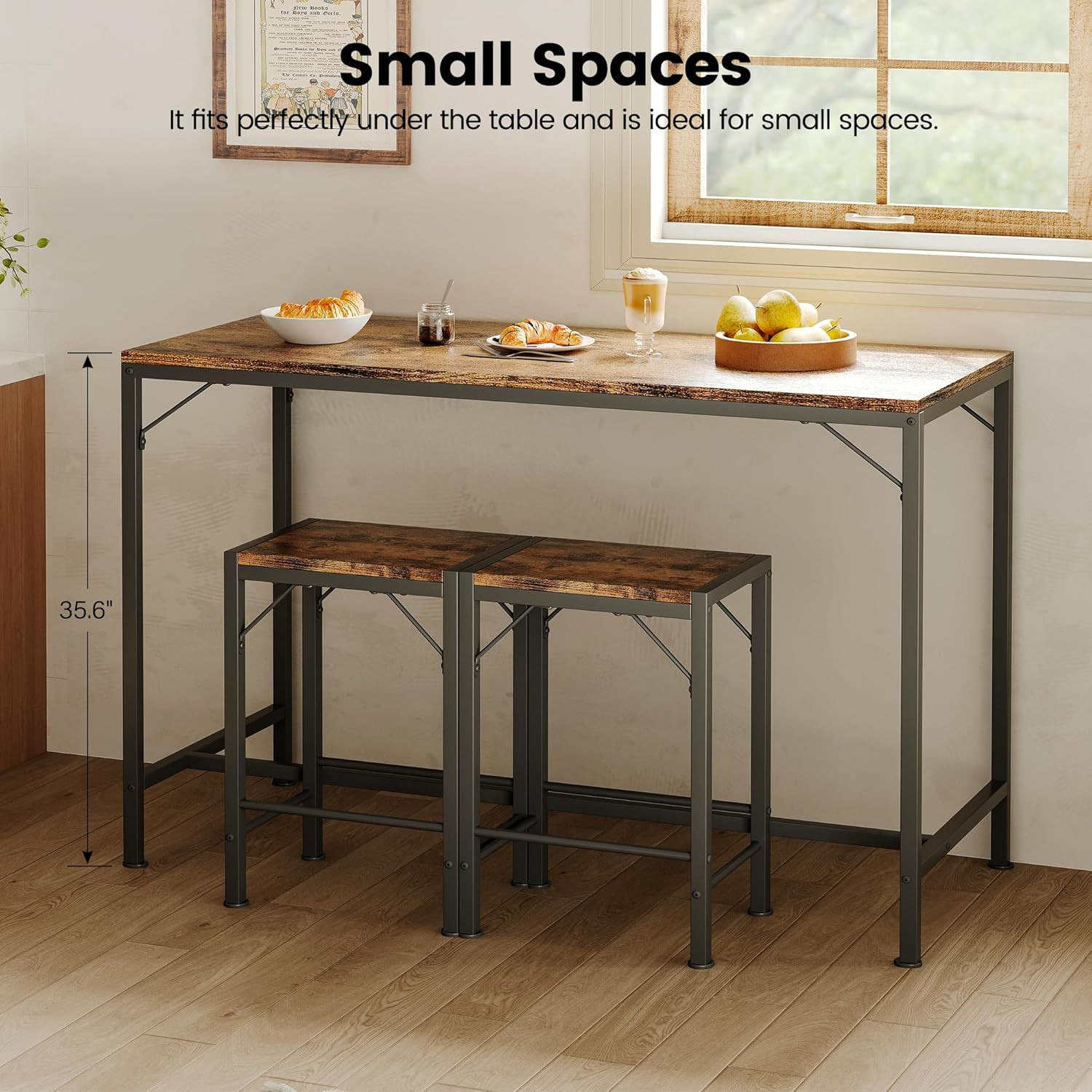 Bar Table and Chairs Set, Bar Table with 2 Stools, Space-Saving Dining Pub Set f