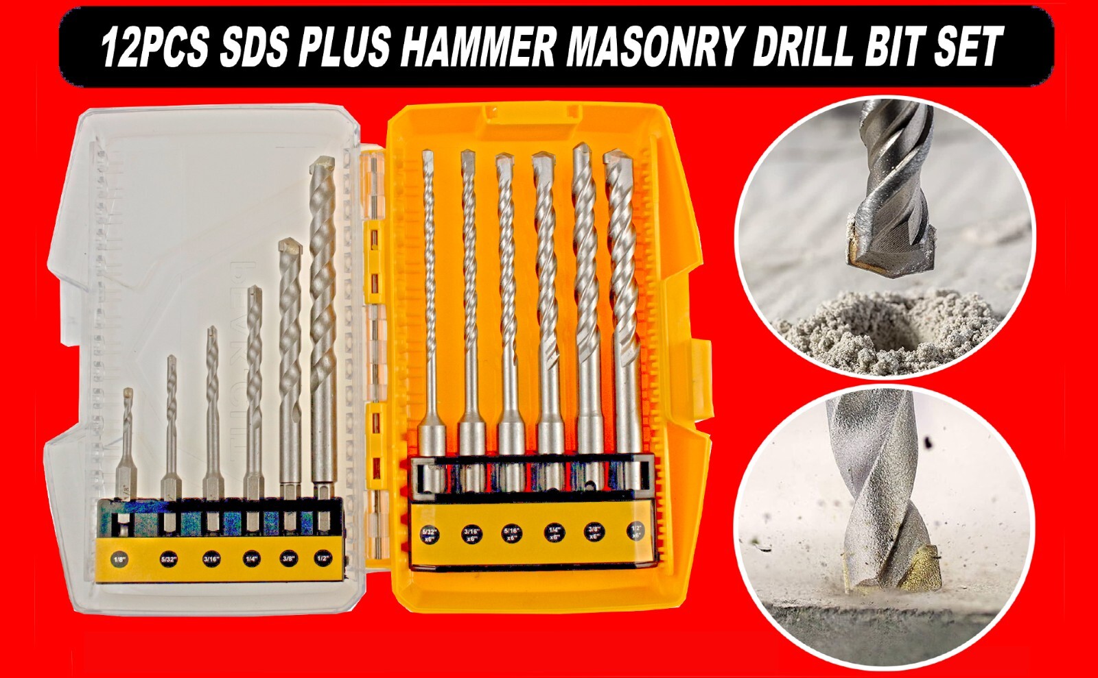 12PCS SDS Plus Hammer Drill Bit and Masonry Drill Bit for Bricks Stone Concrete