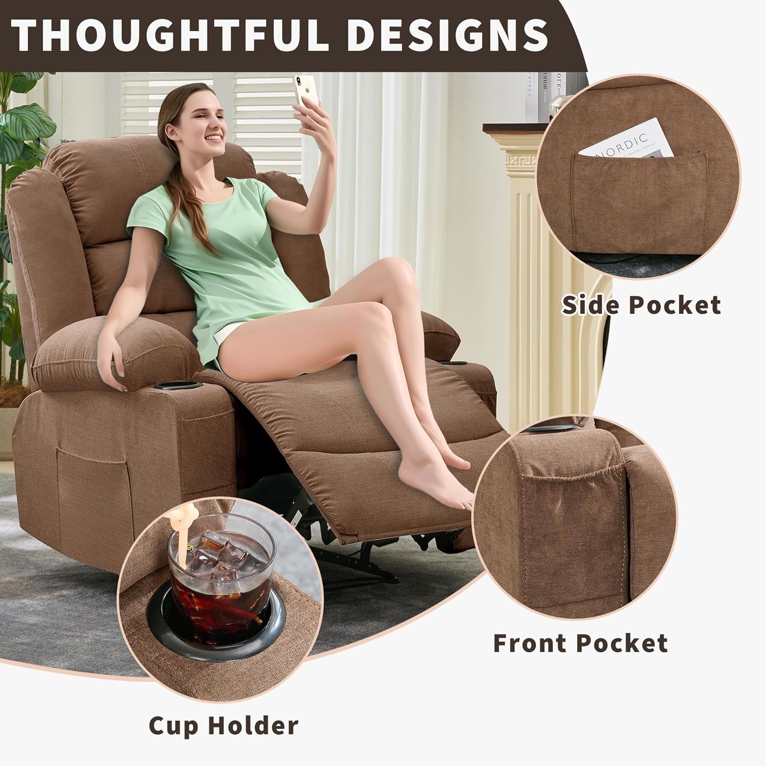 Recliner with Cup Holders & Storage Pockets, Brown Chair Ideal for Home Theater