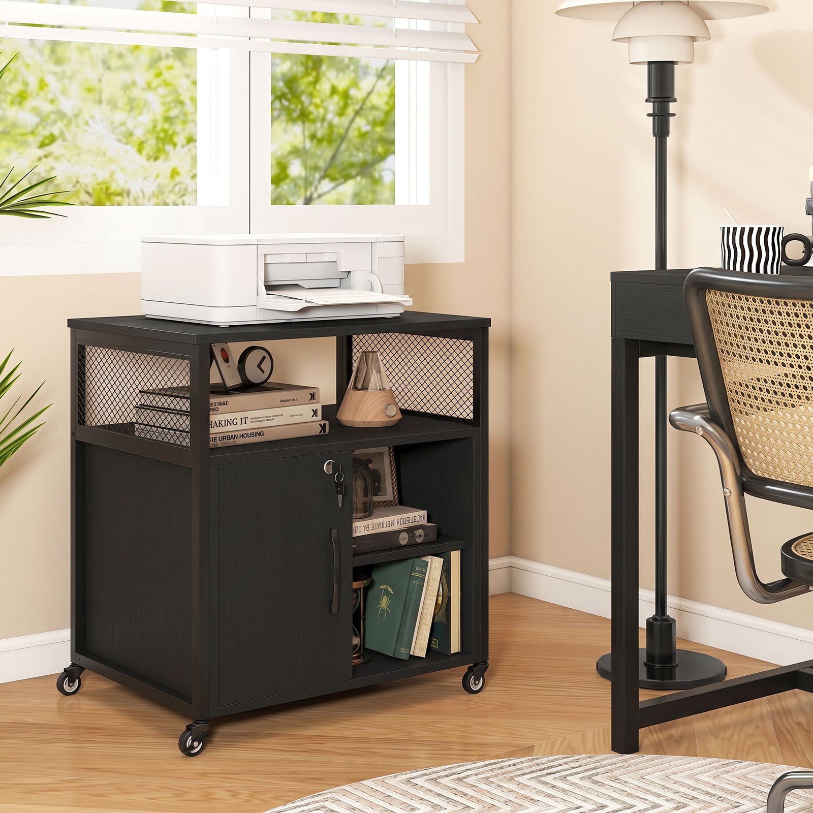 File Cabinet on Wheels w/ Charging Station and Cable Management Hole Shelves