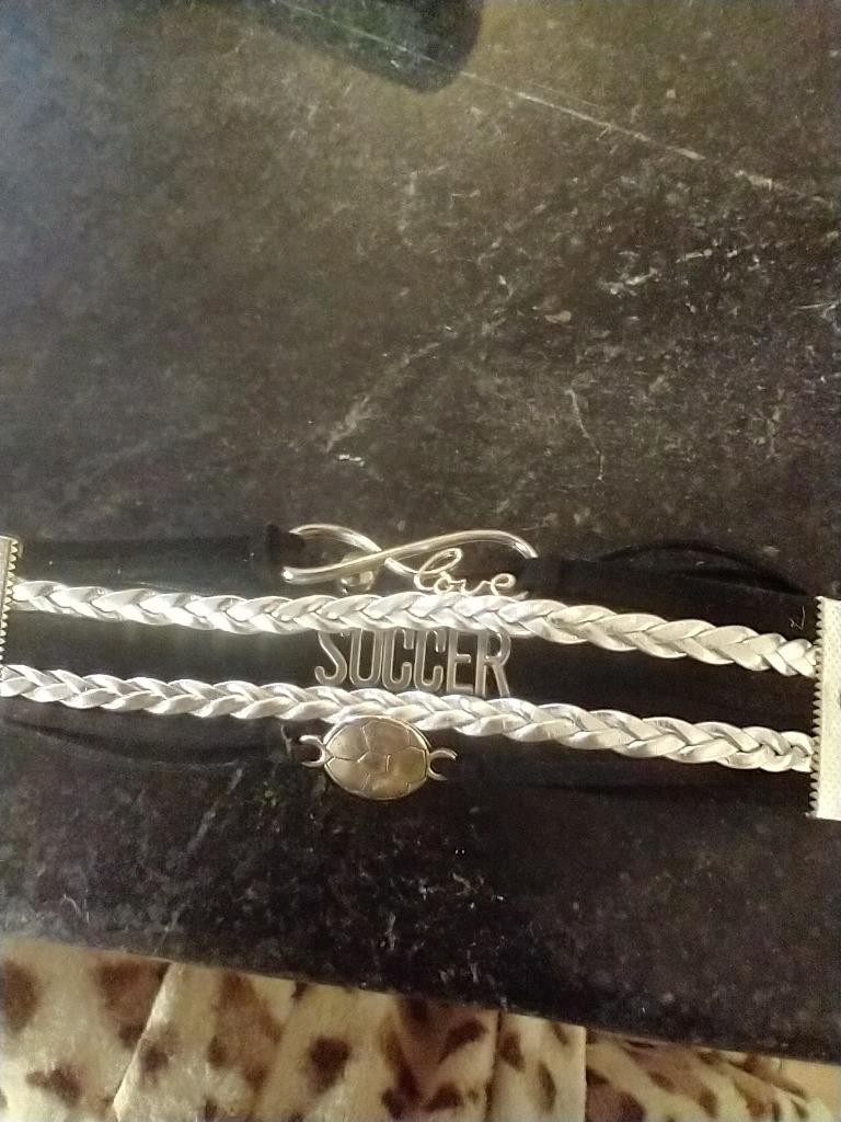 SOCCER PLAYER CHARM 5 STRAND PULL CORD BRACELET~WORDS~UNIQUE~ARTISAN ~SILVERTONE