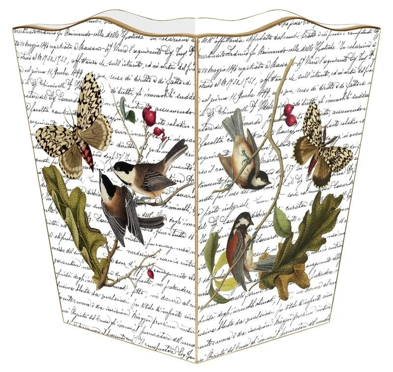 MARYE-KELLEY, 12"  BIRDS & BUTTERFLIES on WRITING WOODEN WASTEPAPER BASKET, NEW