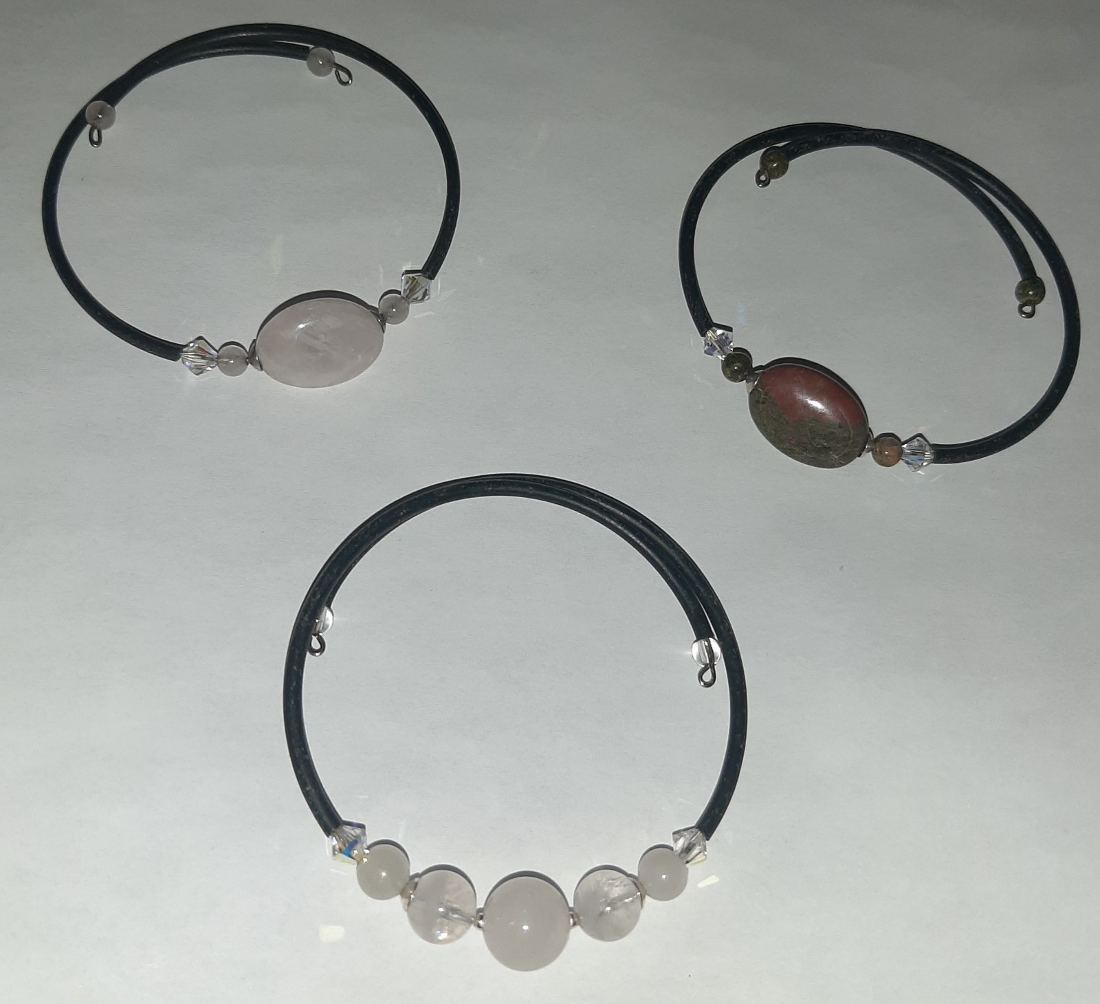 3 Gemstone Bead Memory Wire Bracelets Genuine Rose Quartz Unakite Wicca Reiki