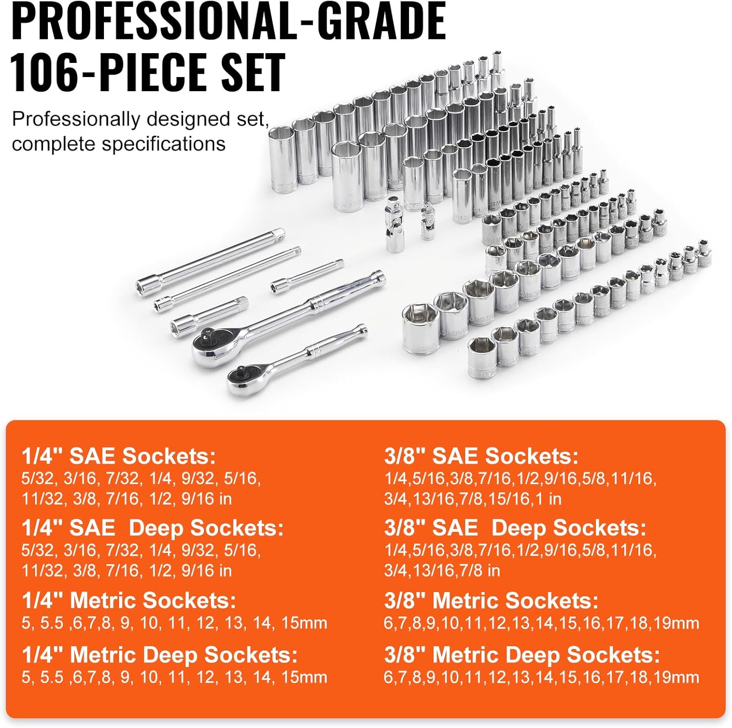 Socket Set, 1/4" and 3/8" Drive Socket and Ratchet Set, 6-Point Socket Opening,