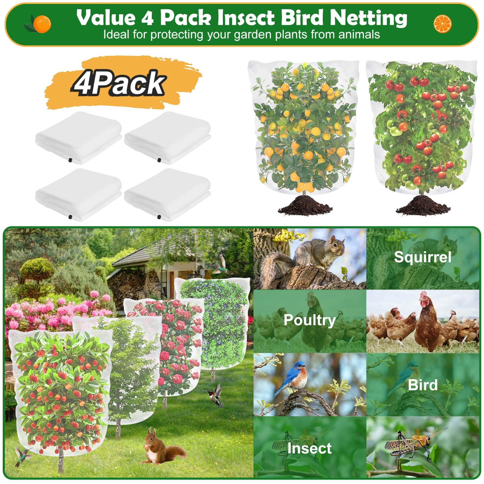 4 Pack 5.2×3.2Ft Bird Netting for Blueberry Bushes, Tree 4 Pack, White