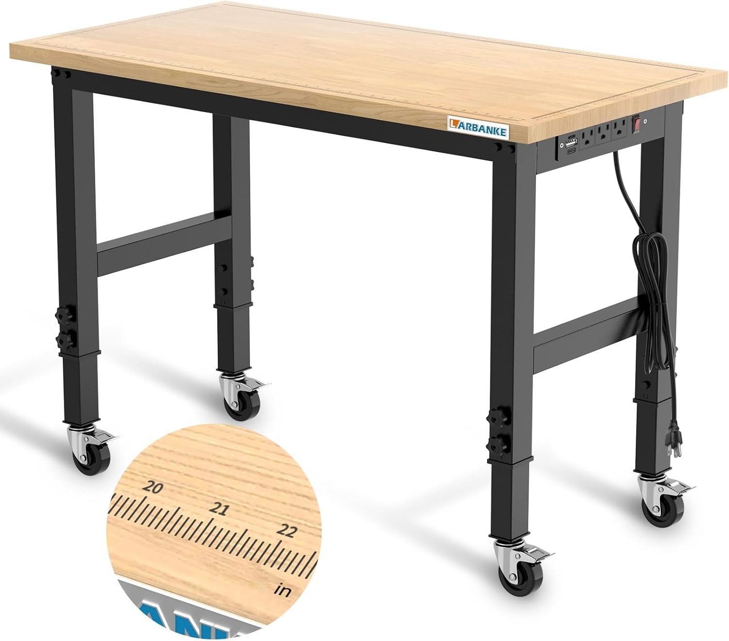 Versatile 48" Rubber Wood Workbench with Adjustable Height & Mobility Wheels