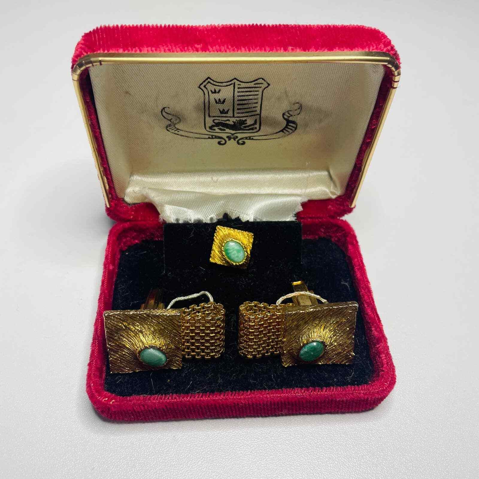 60s Art Deco Gold Tone Cufflinks and Tie Tack Set with Green Stone