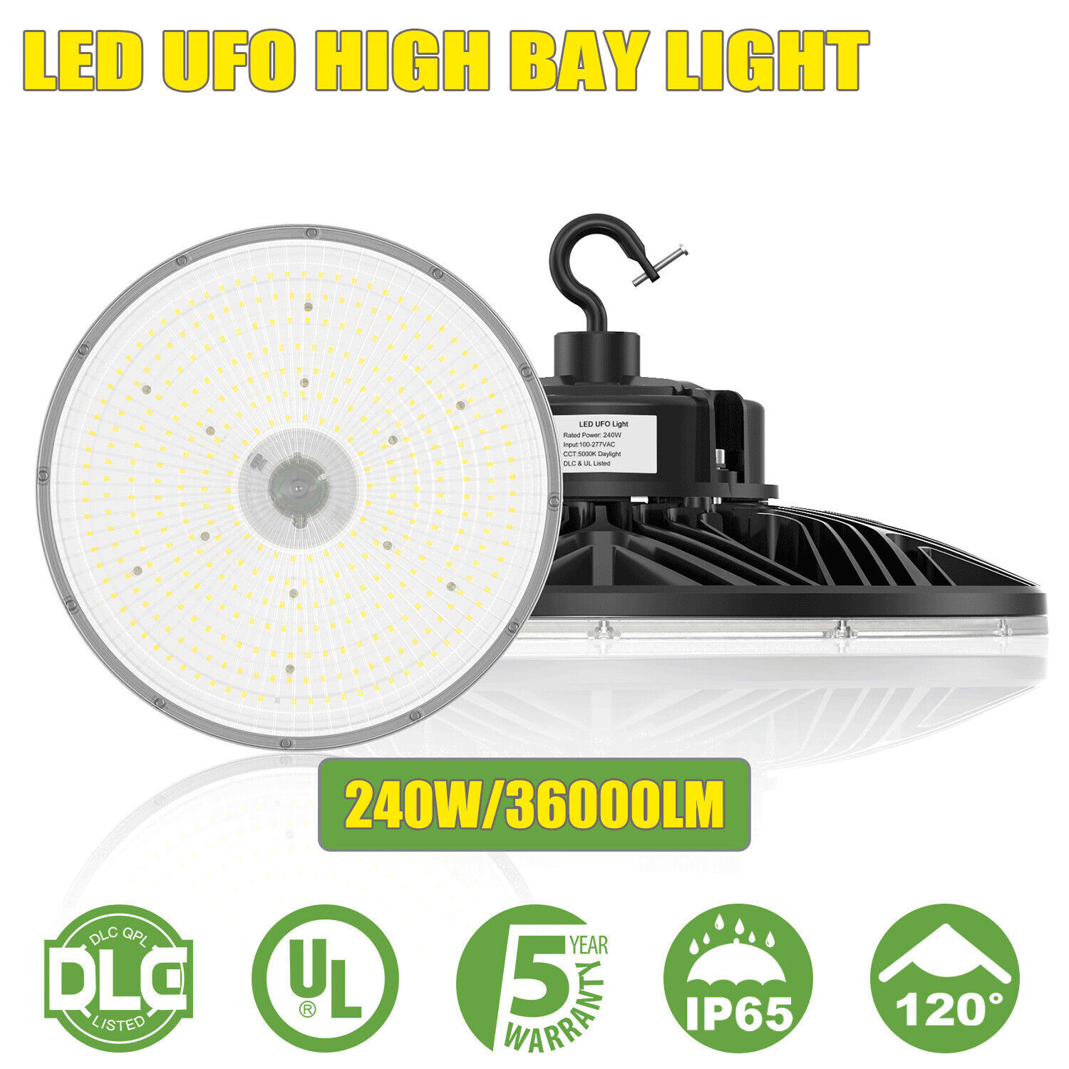 LED High Bay Shop Light 240W 100-277V Commercial Lighting for Workshop Garage UL