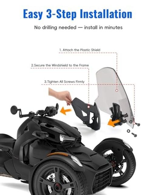Can-Am Ryker Front Windshield - 3" Adjustable - Dark Tinted - Dark