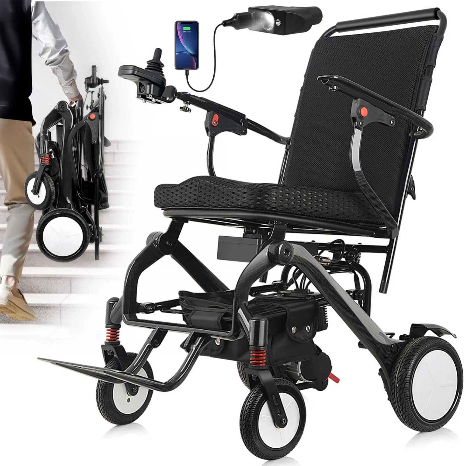 All-Terrain Carbon Fiber Electric Wheelchair, Lightweight 44lb, Airline Approved