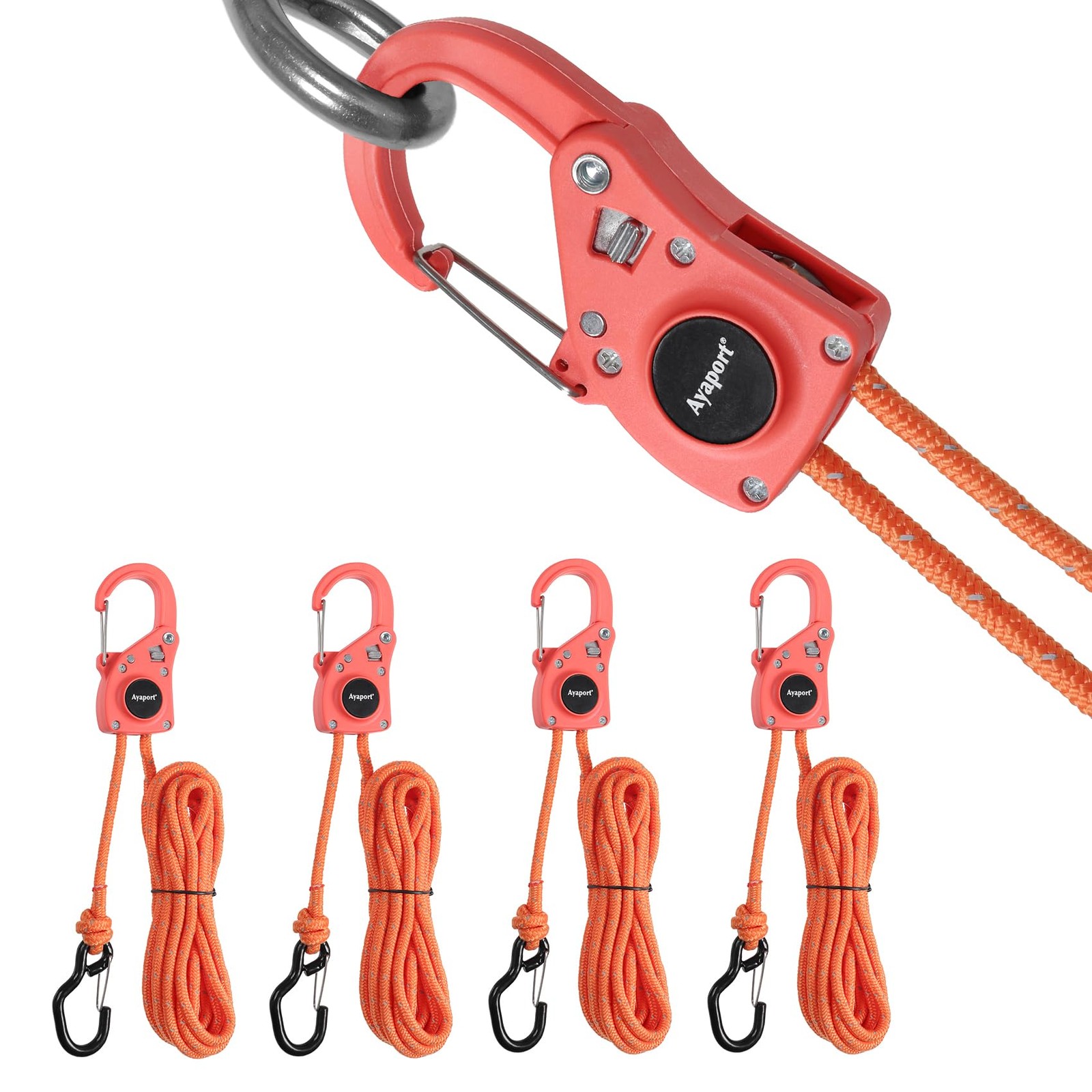 Ayaport Rope Ratchet Tie Down with Safety Lock Clip 1/4"x12'-4pcs, Orange