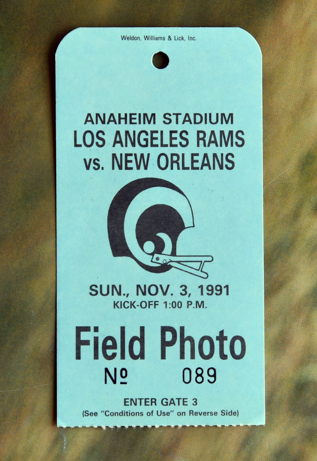 1991 Los Angeles Rams Field Photo Credential. New Orleans Saints. Game Used. NFL