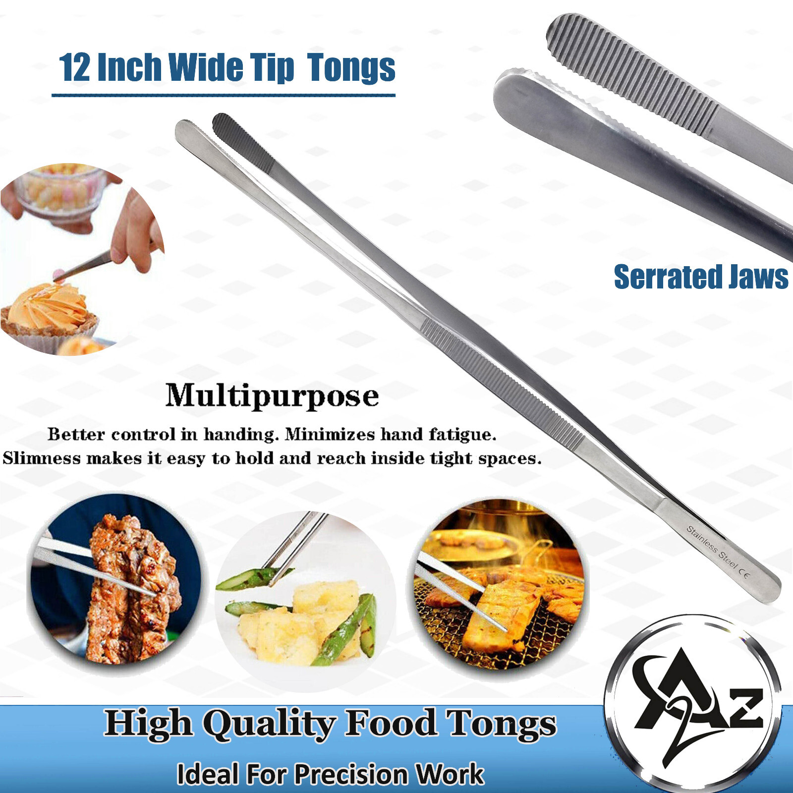 BBQ Kitchen Cooking Tweezers Tongs 12" Extra-Long with Wide Round Serrated Tips