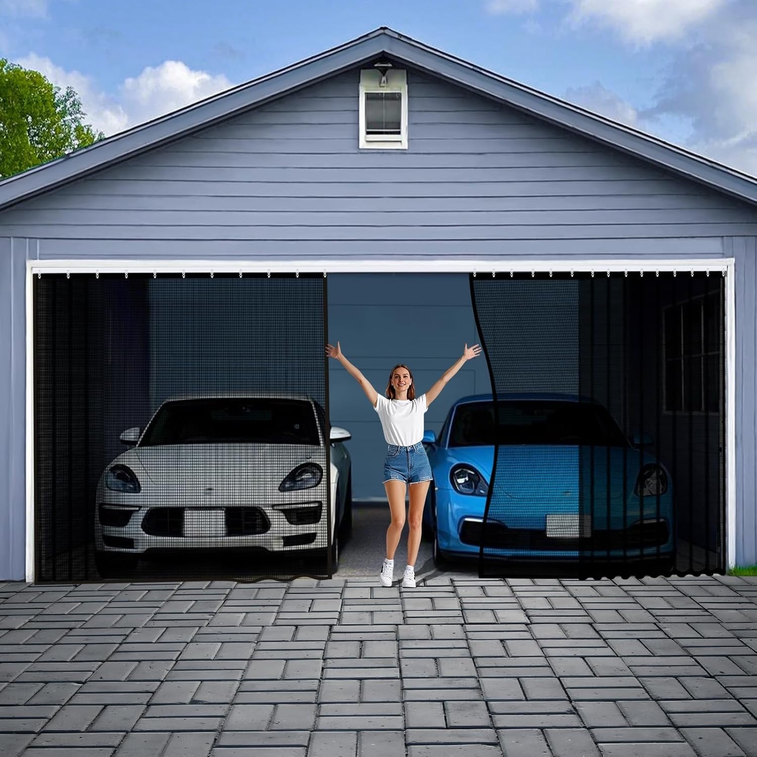Sliding Garage Door Screen 2 Car with Track Closure,16X7Ft Garage Door Retractab