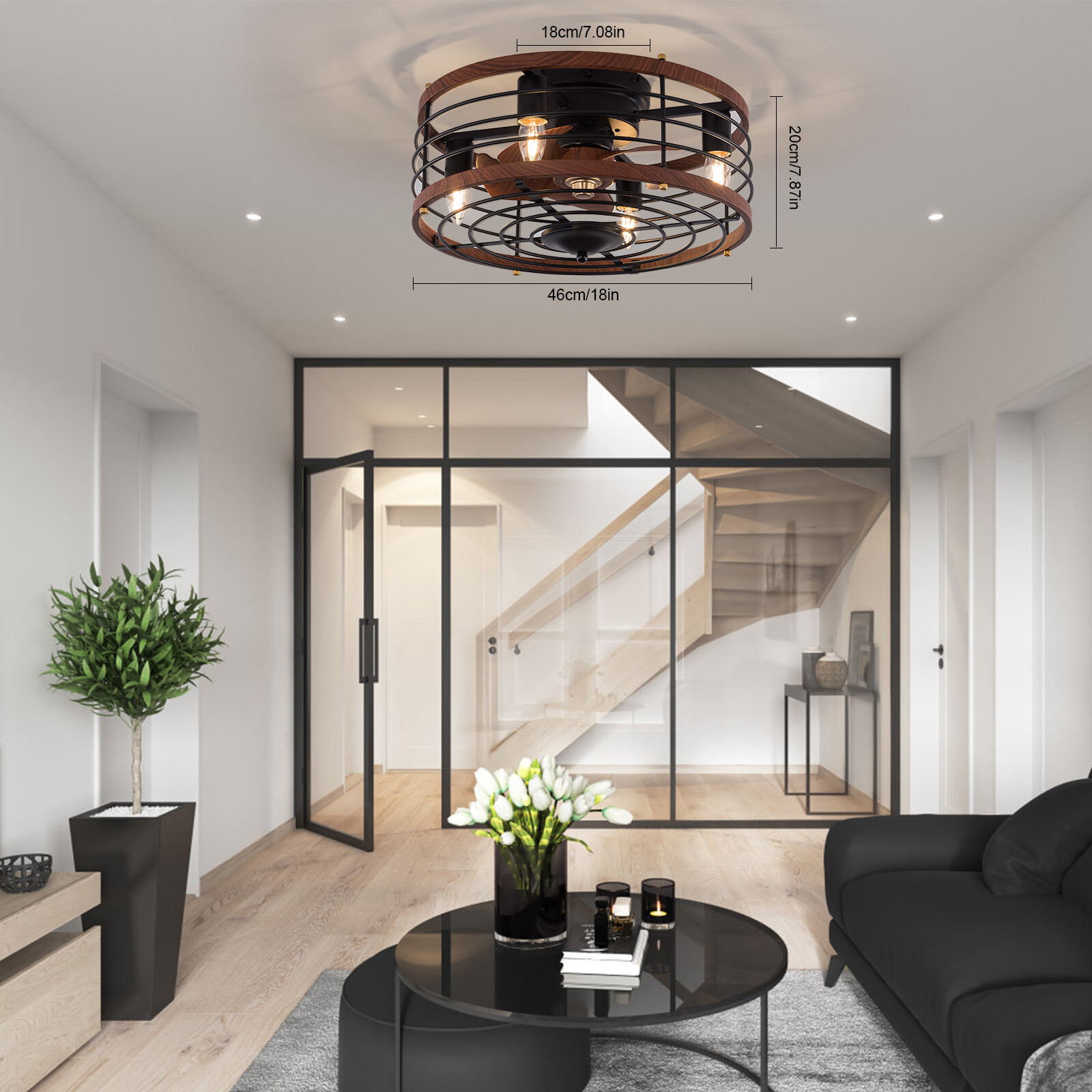 Farmhouse Ceiling Fan Light Flush Mount Caged Lights kit With Remote Control