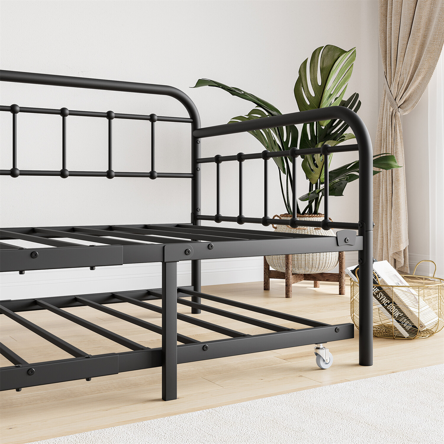 Twin Size Metal Daybed Bed Frame Sofa Bed with Pull Out Trundle Bed Black US