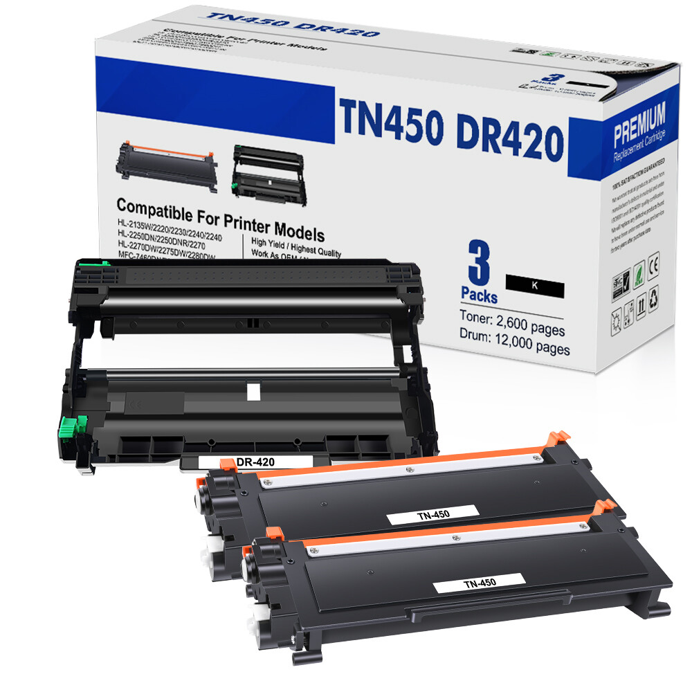 2 TN450 Toner + 1 DR420 Drum Fits Brother HL-2270DW HL-2280DW MFC-7360N 7860DW