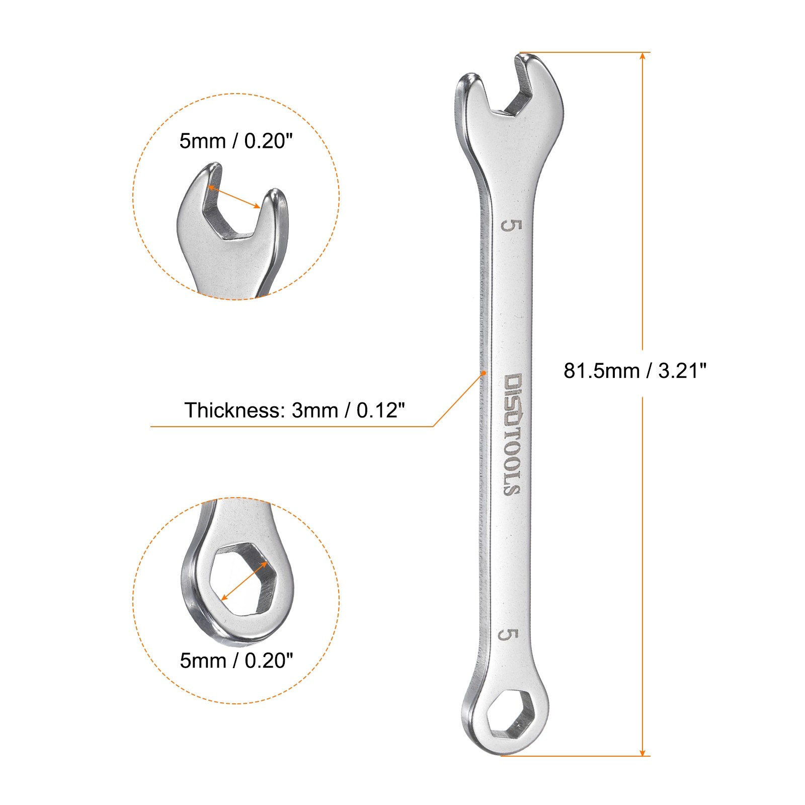 2pcs Thin Combination Wrench 5mm with 6-Point Ended and 15°Angled Open End