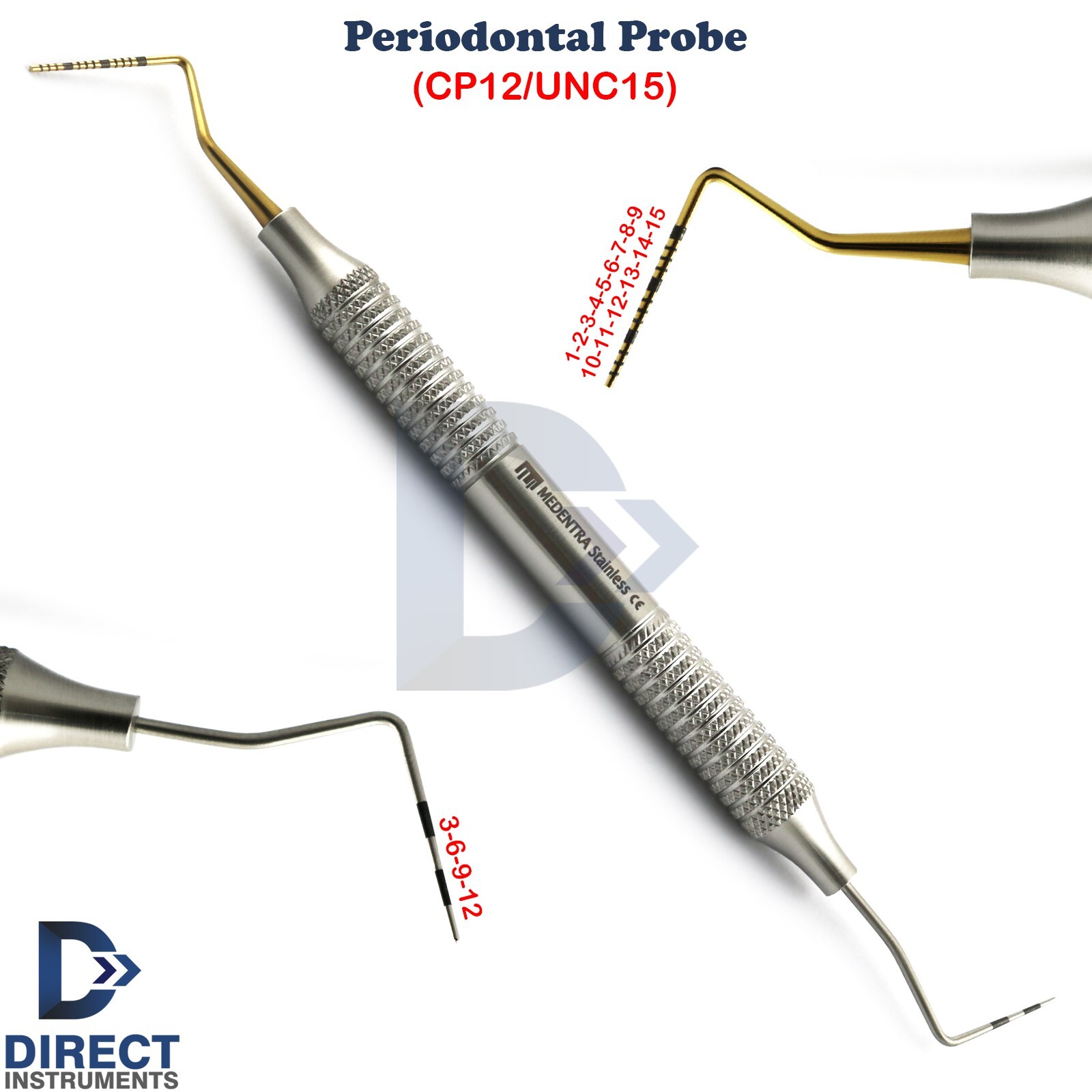 Gold Tip UNC15 / CP12 Color Measurements Dental Periodontal Probe Hollow Handle