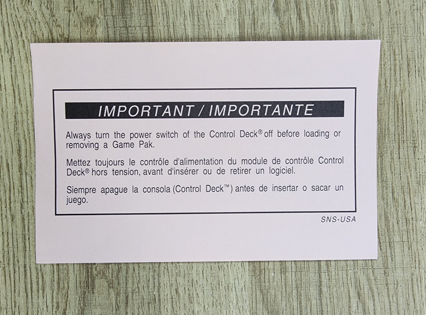AUTHENTIC SUPER NINTENDO "IMPORTANT" INSERT - (SNS-USA)