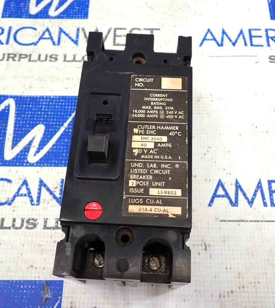 Cutler Hammer EHC2040 2 Pole 40 Amp 480 Volt 14kA@480V Circuit Breaker - Tested