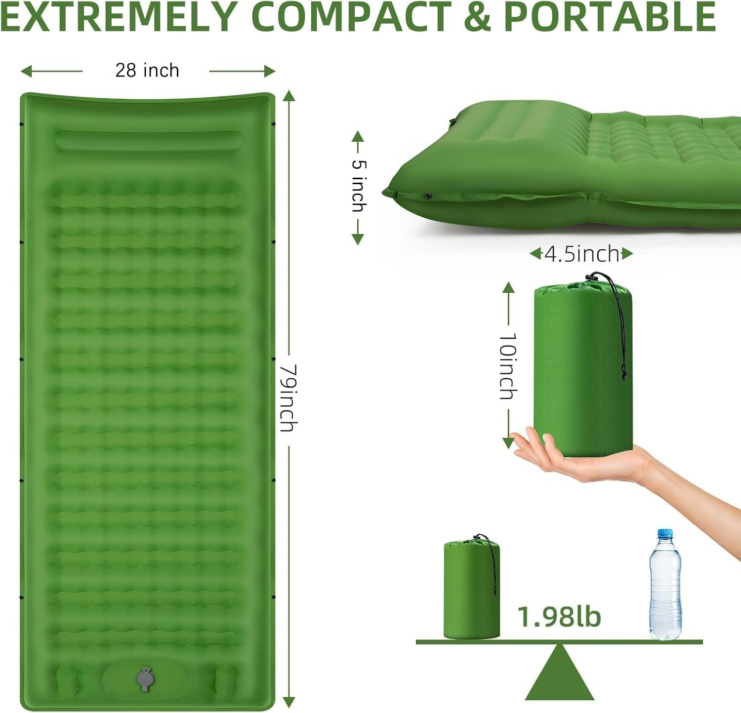 Compact Inflatable Sleeping Pad, 5-Inch Thick with Integrated Pillow for Camping