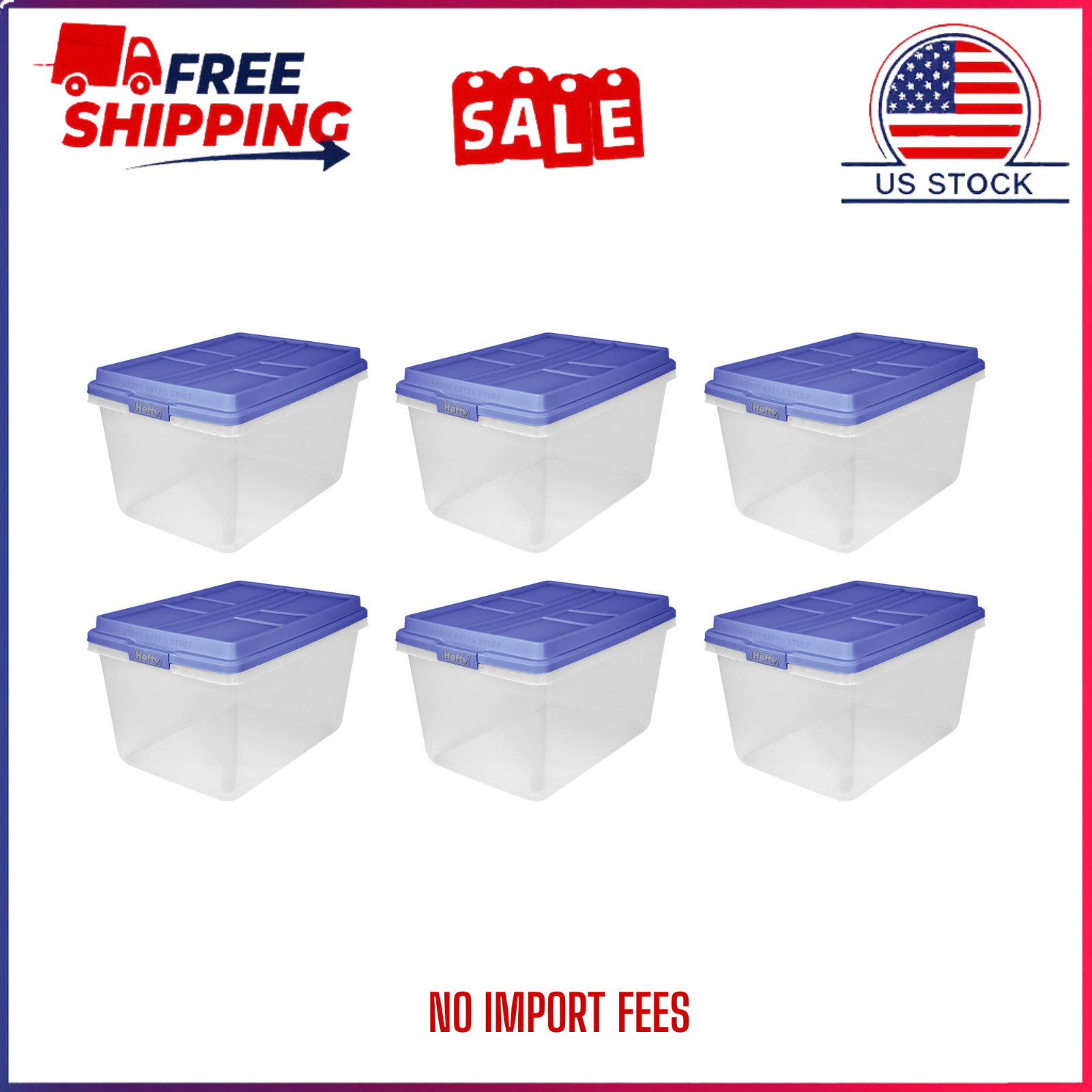 Hefty 72 Qt. Clear Plastic Storage Bin with Blue HI-RISE Lid, 6 Pack,Free ship