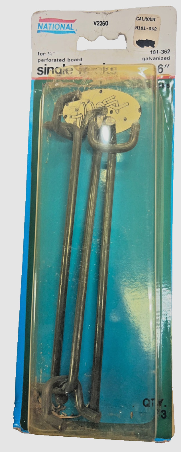 National- 3 Pack- 6" Single Hooks for 1/4" Peg Boards- 181-362
