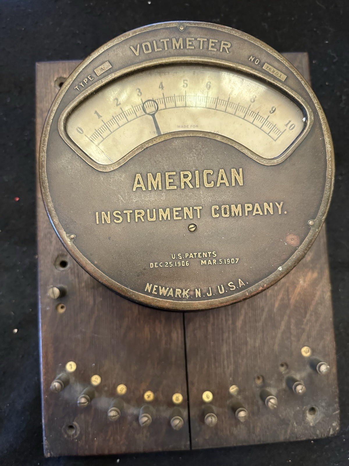 Antique 1907 American Instrument Co. Type 1 Voltmeter - on Oak Back Board