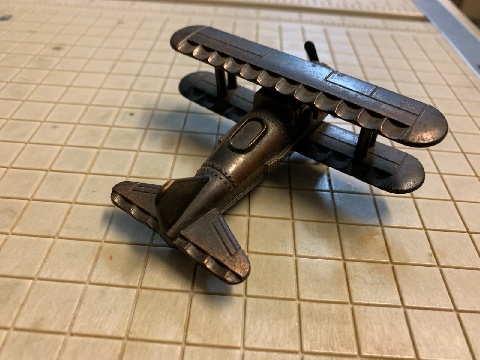 Old Biplane Airplane Pencil Sharpener Metal Copper Hong Kong 3" x 3-1/4" Unused