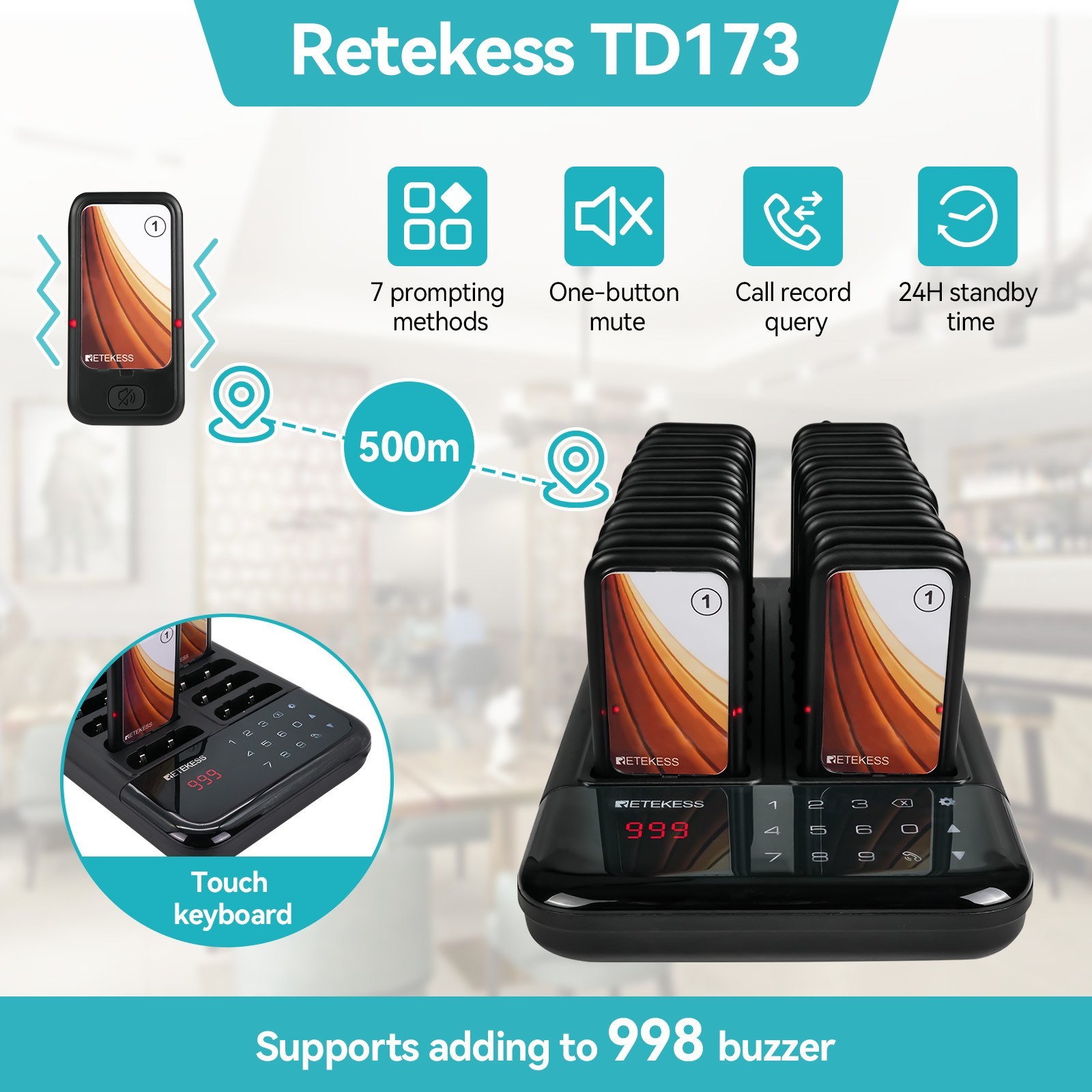 Retekess TD173 Restaurant Pager System Guest Queuing 20 Buzzers Food Truck Club