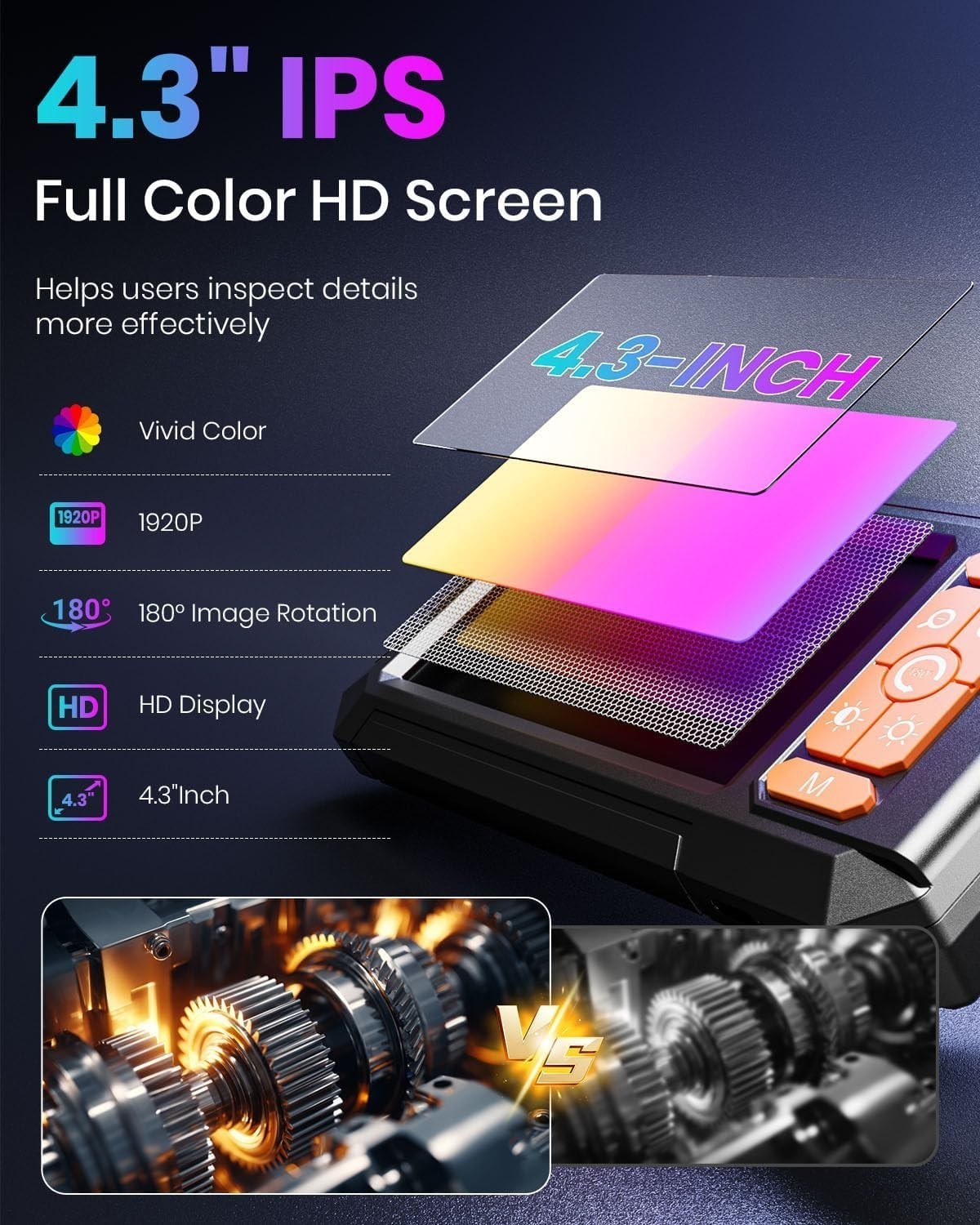 Endoscope Camera with Light, Borescope with 4.3" IPS Screen, 1080P HD, (5M) , d
