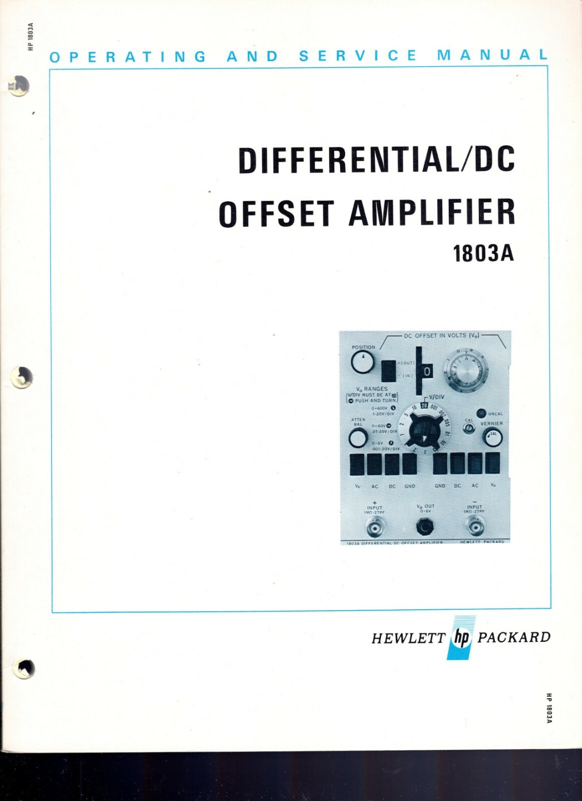 Original Hewlett Packard 1803A Differential/DC Offset Amplifier Ops&Svc Manual