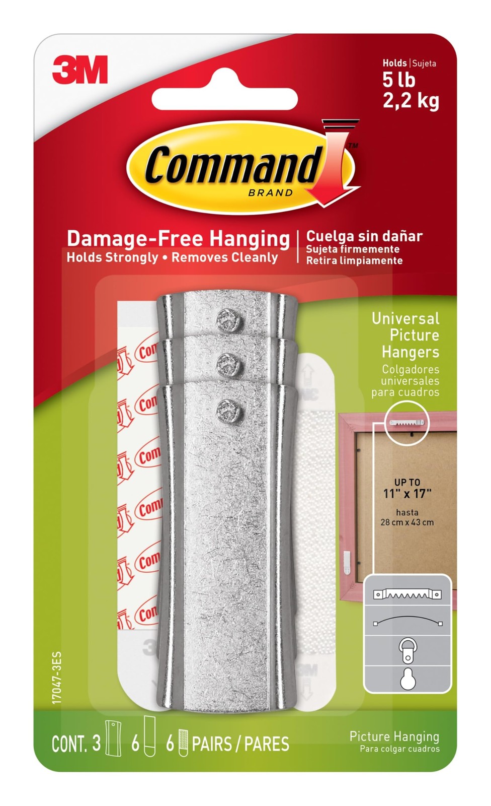 Command 5 lb Universal Picture Hanger, 3 Frame Hangers, 6 Standard, Gray