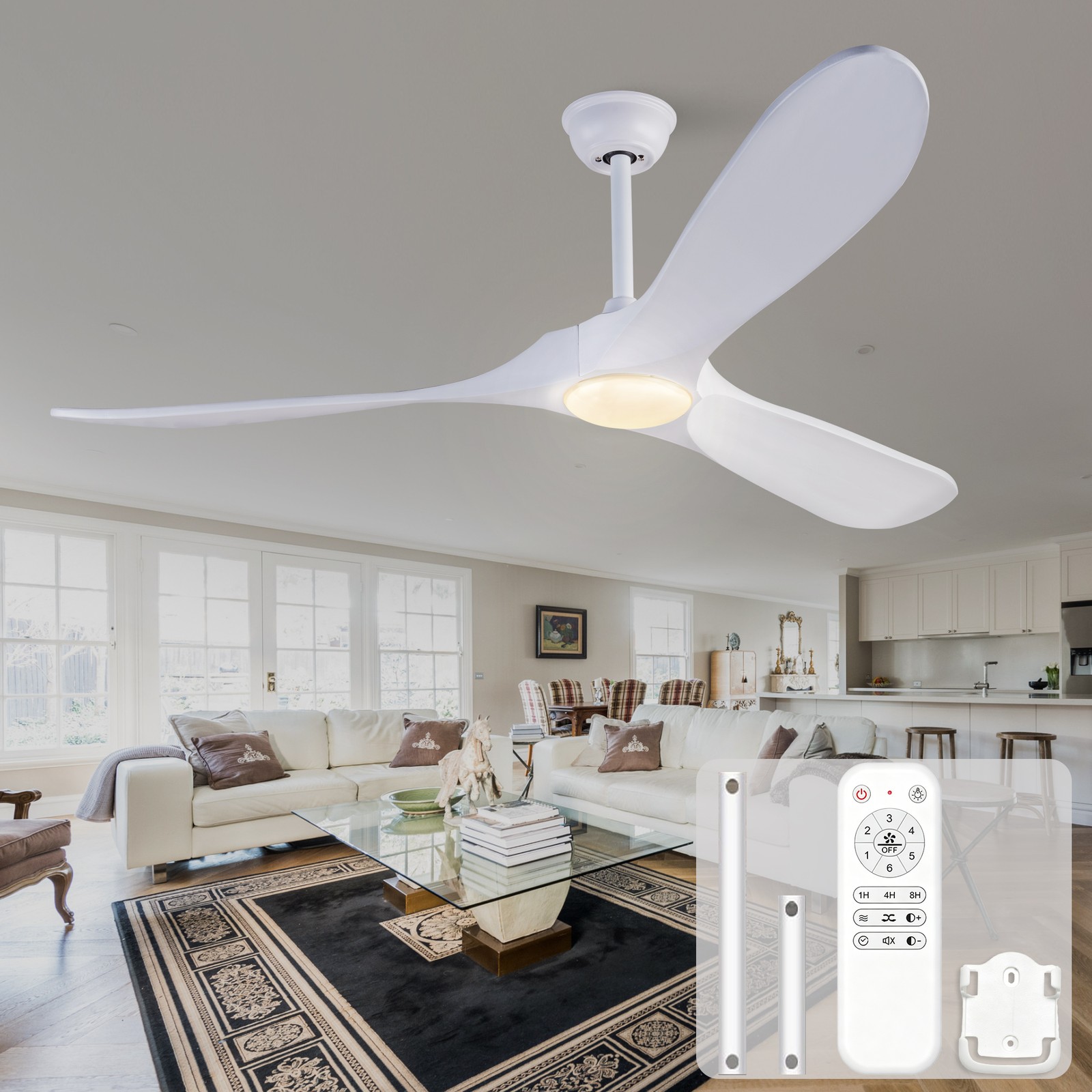 60-inch white ceiling fan with lights and remote control, 3 solid wood blades