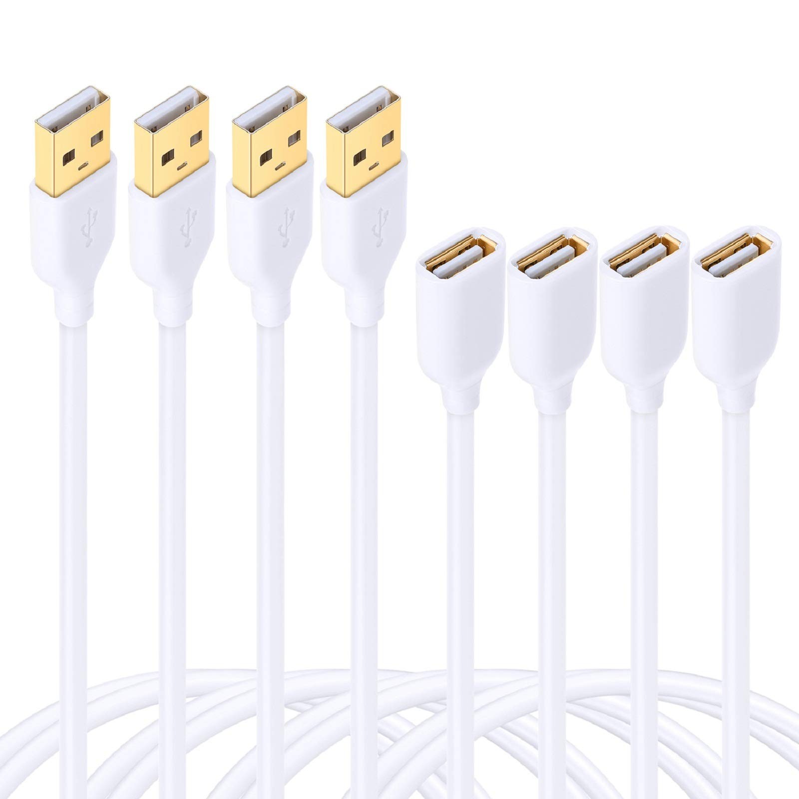 4-Pack 6ft White USB Extension Cables – USB 2.0 Type A Male to A Female Ex