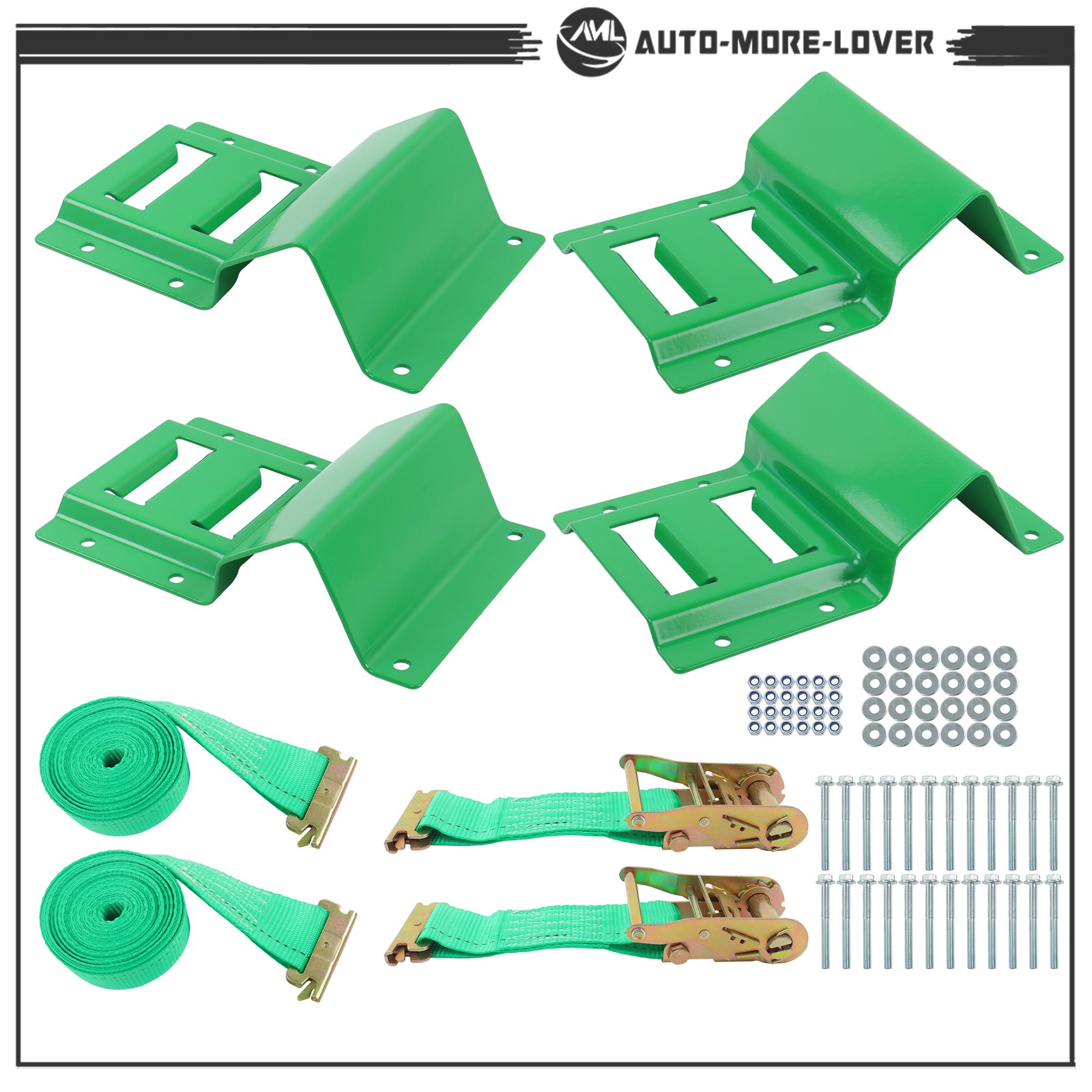 1 Set Green E Track Wheel Chock+15 Foot Green Ratchet Tie Down Straps Polyester