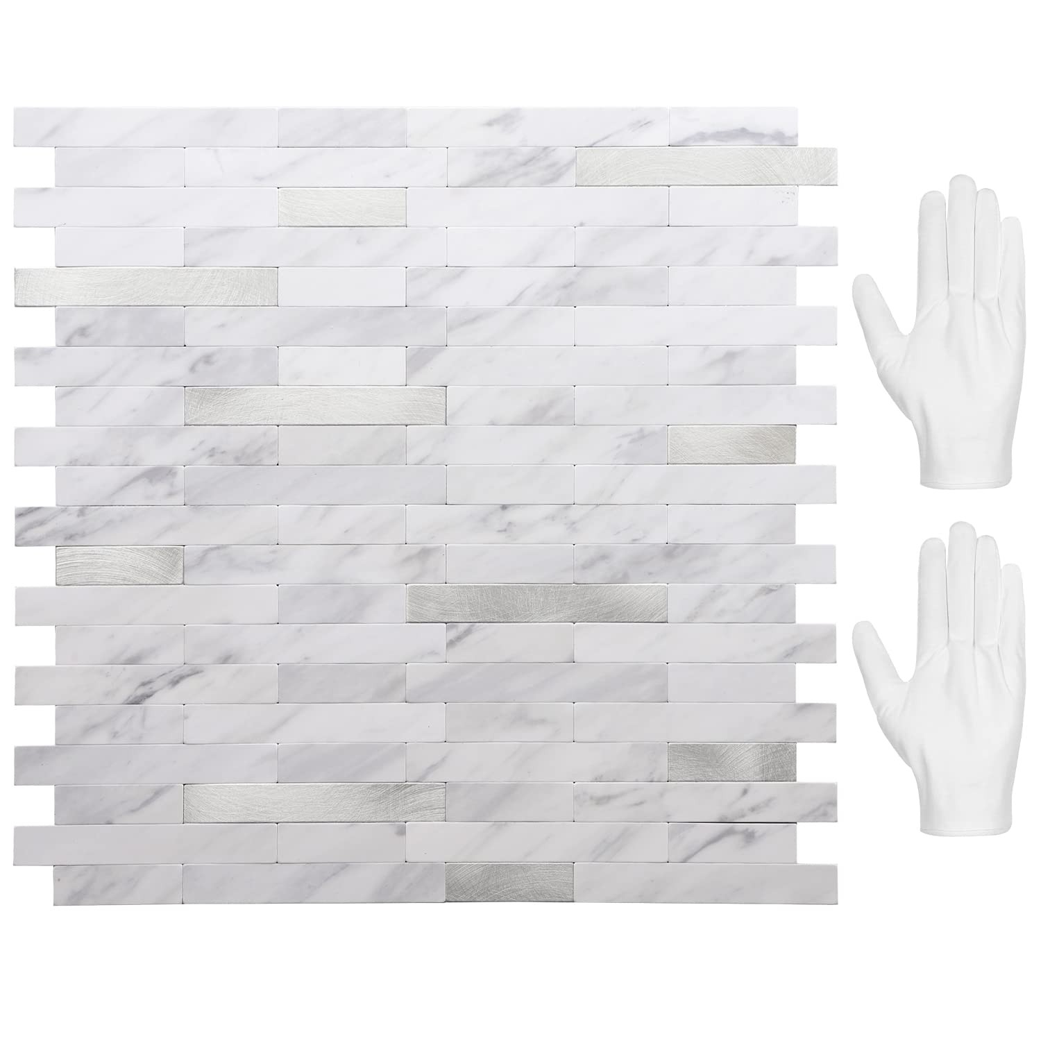 STICKGOO Peel and Stick 12 inch x 11.7 inch, White Marble with Metal Silver