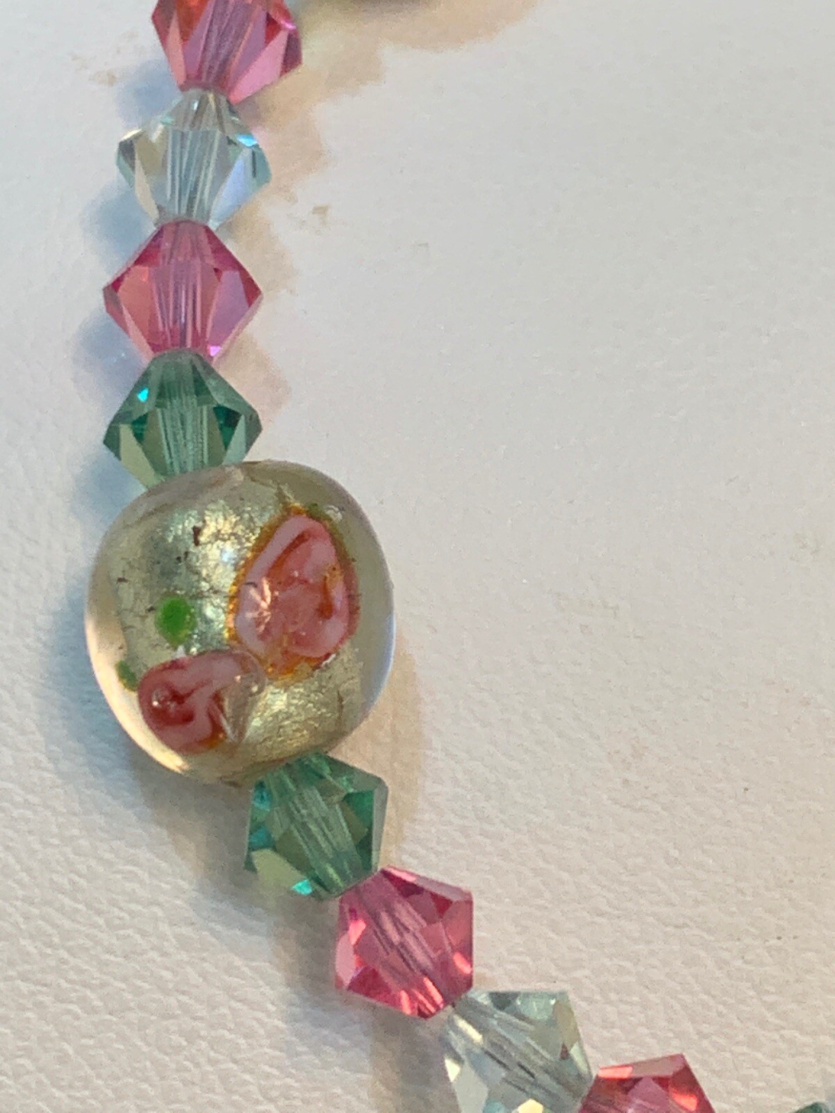 Pretty Pink Green Clear Rose Made With Swarovski Crystal Beaded Bracelet 8”