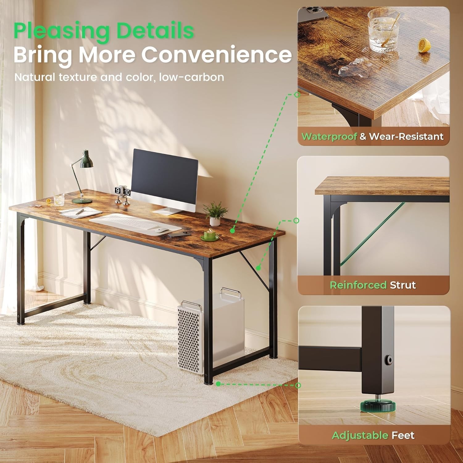 Computer Desk, Rustic Brown, 55 Inch Home Office Gaming Work from Home Study