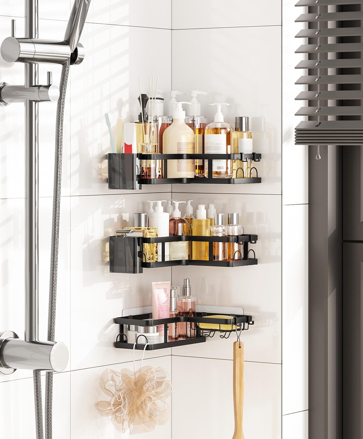 PUPILLEMON 3 Pack Corner Shower Caddy Organizer, Rustproof Black