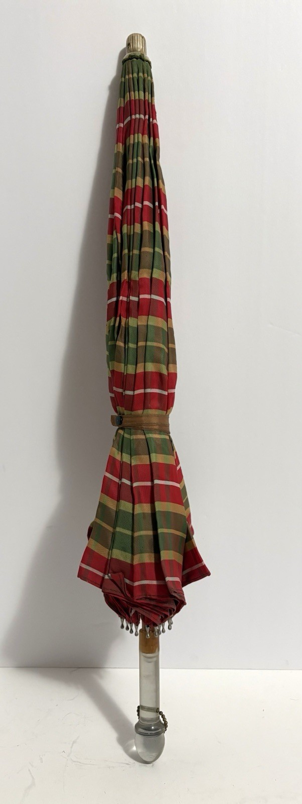 Vtg Plaid Umbrella Parasol Lucite Handle Wood Shaft Metal Runner Canopy Holes