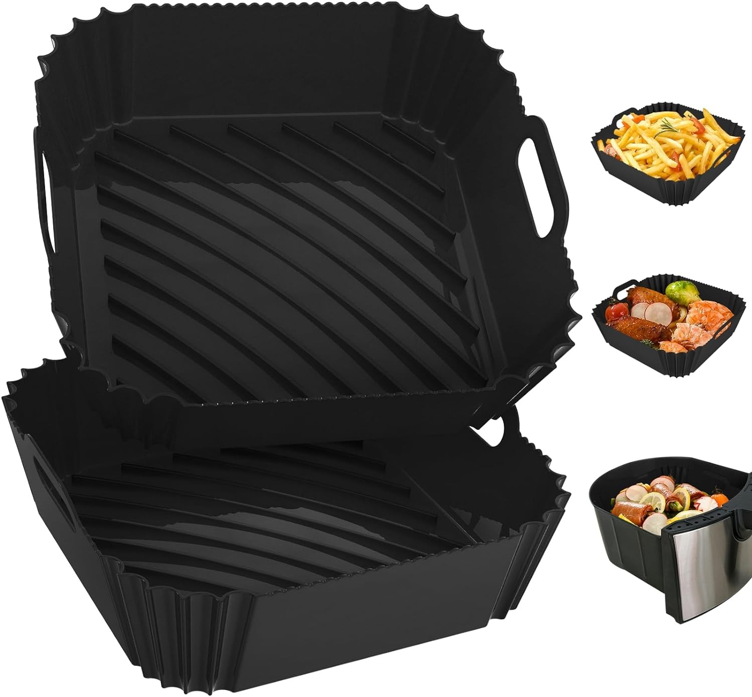 2 Pack Silicone Air Fryer Liners Reusable, 7.1 Inch For 4-7 QT, Black