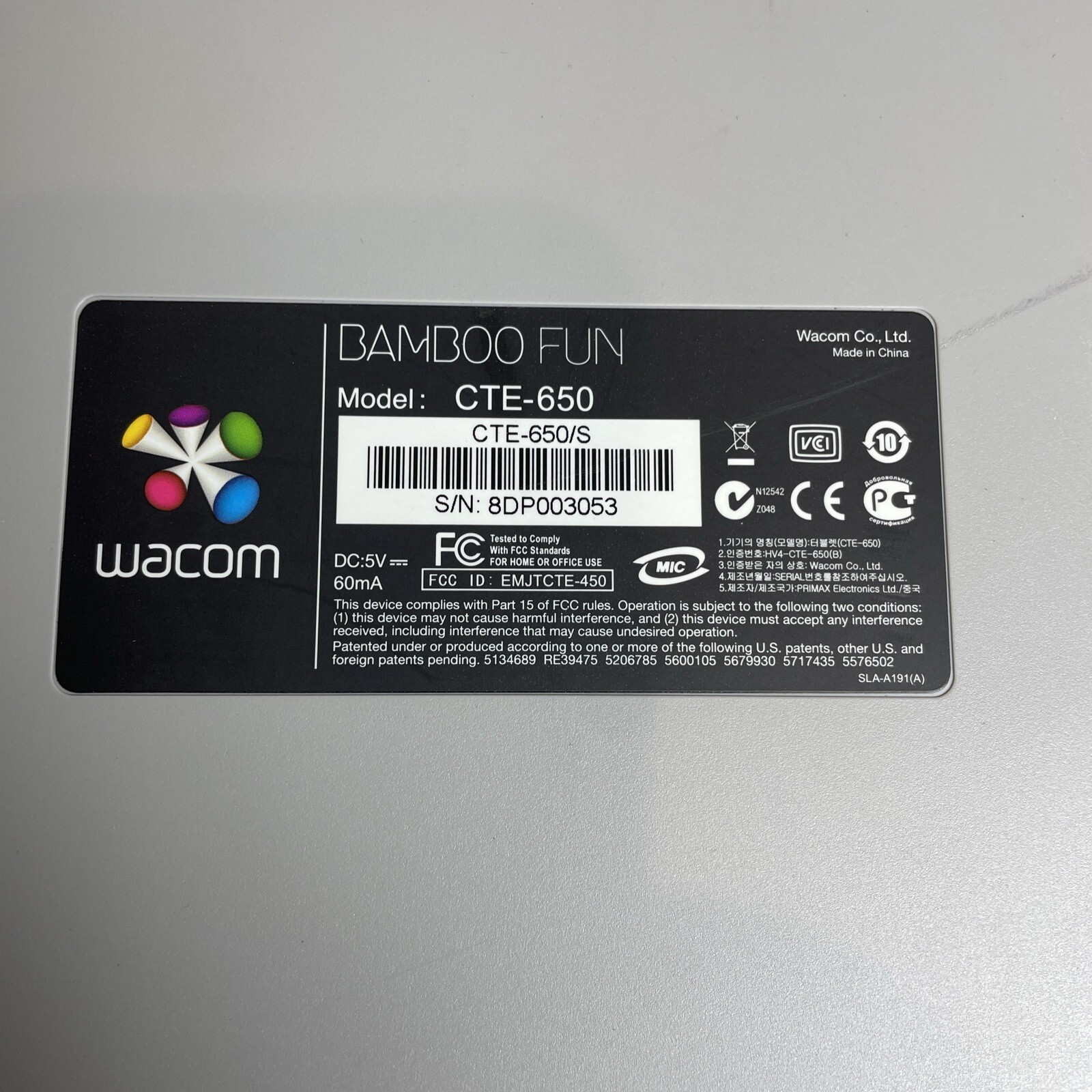 Wacom BAMBOO FUN CTE-650 Graphics Drawing Tablet Only