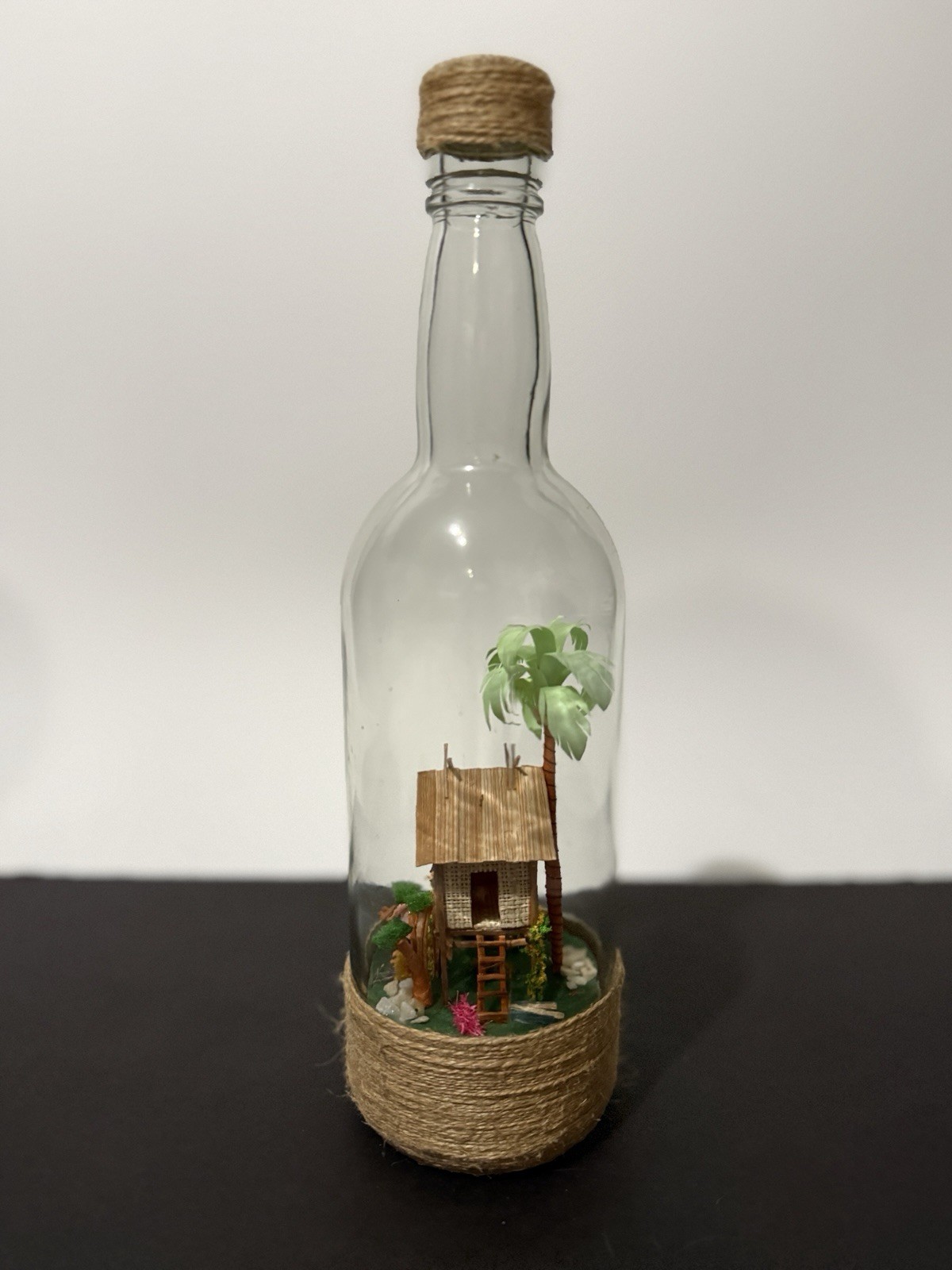 Vintage Handmade Philippines Diorama in Glass Bottle Detailed Tropical Hut Scene