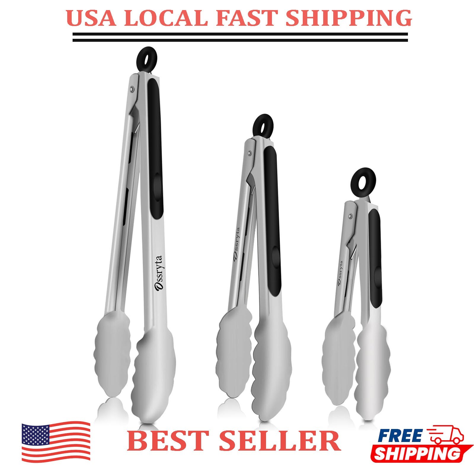 Stainless Steel Cooking Tongs Set of 3 - Heavy Duty 12/9/7 Inch Locking Tongs