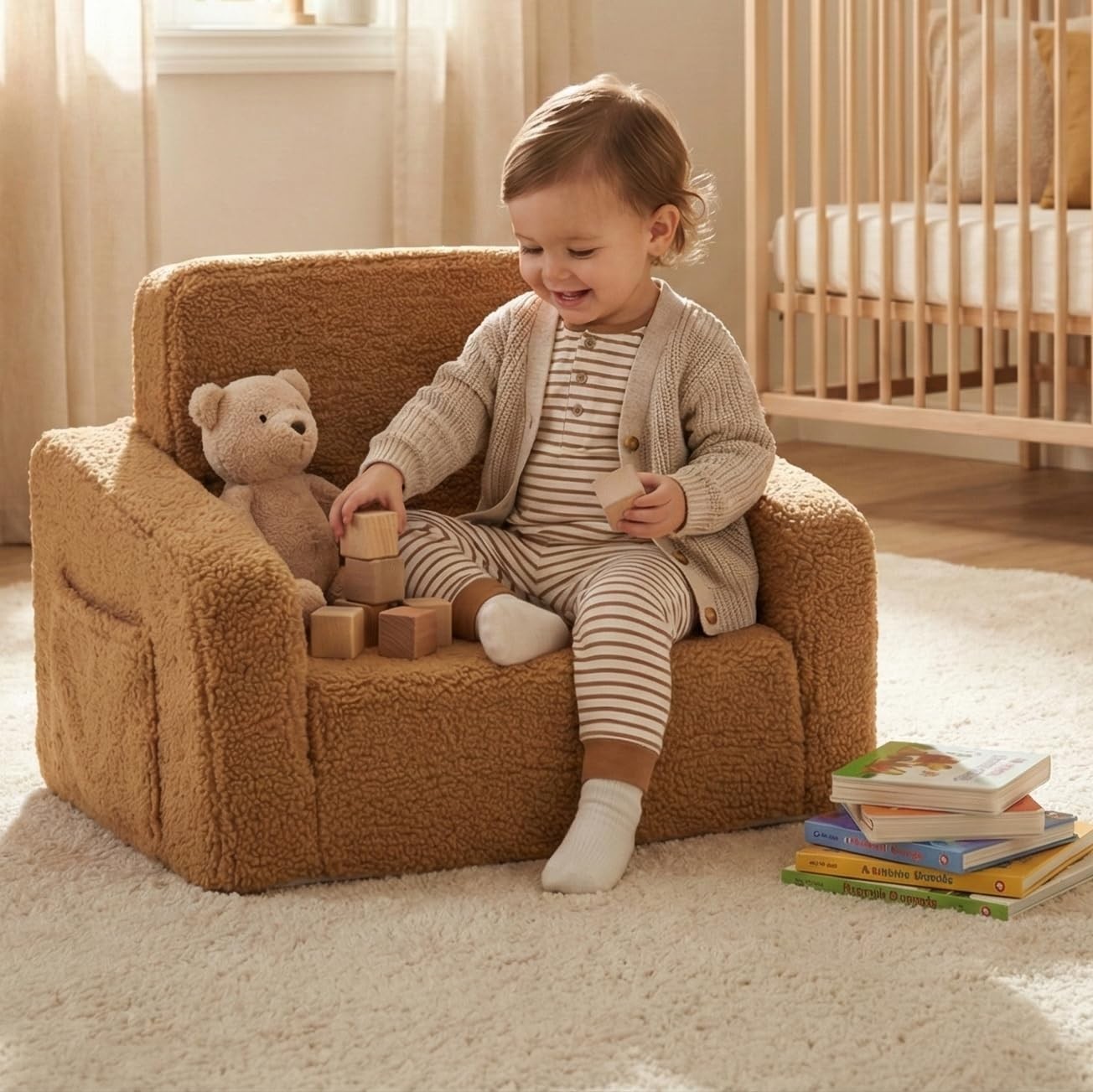 Foldable 2-in-1 Toddler Couch Sofa - Comfy Kids Lounge Chair with Pockets, Dark