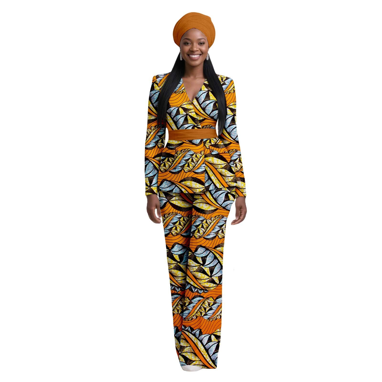 African Outfit for Women Long Sleeve Coat and Floor Length Pants with Headscarf